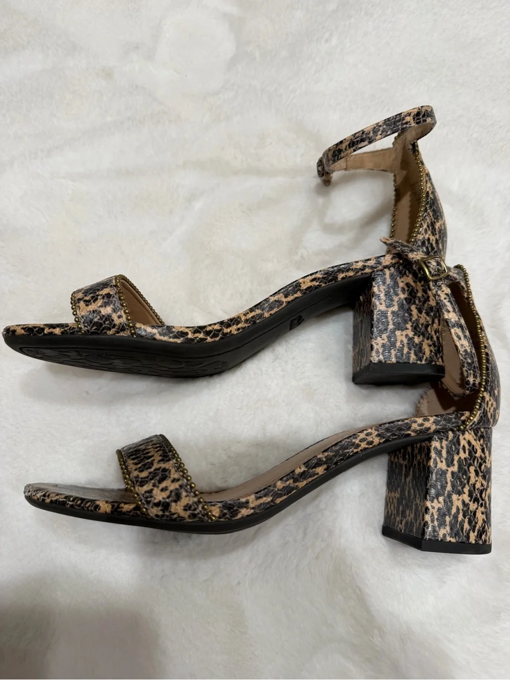 COACH Leopard Print Ankle-Strap Block Heel Sandals - Tan/Black Size 6